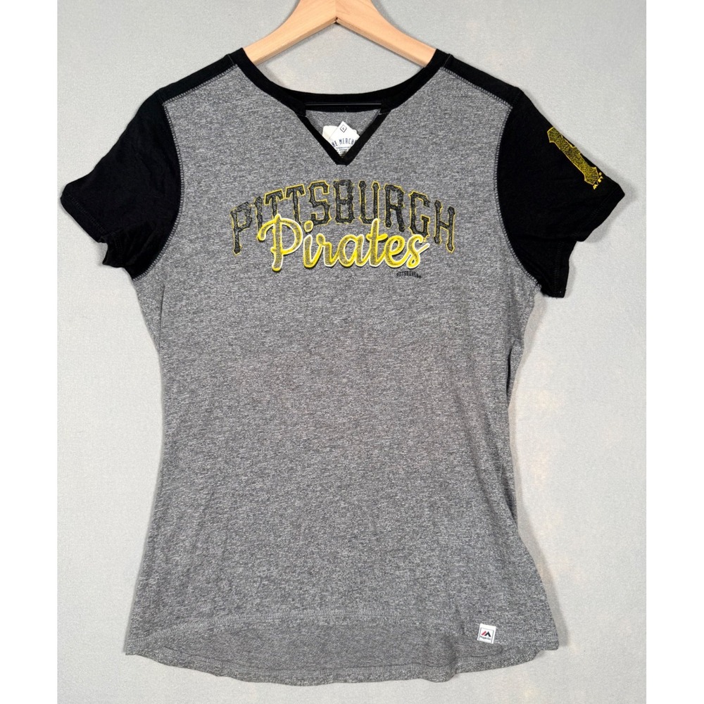 Majestic Pittsburgh Pirates Womens Gray Black V-Neck Graphic T-Shirt Medium NWT